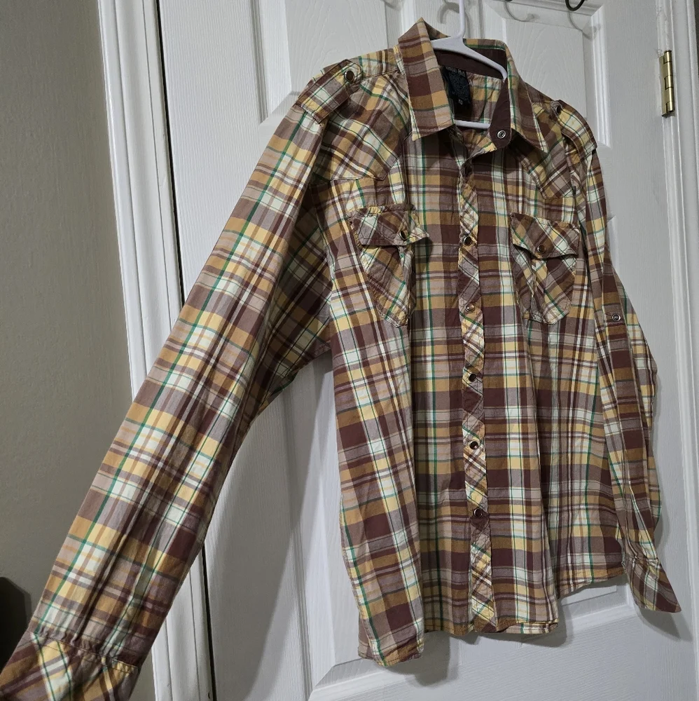 Y2K Green Oak Pearl Snap Brown & Green Plaid Long Sleeve Western Shirt, XL.